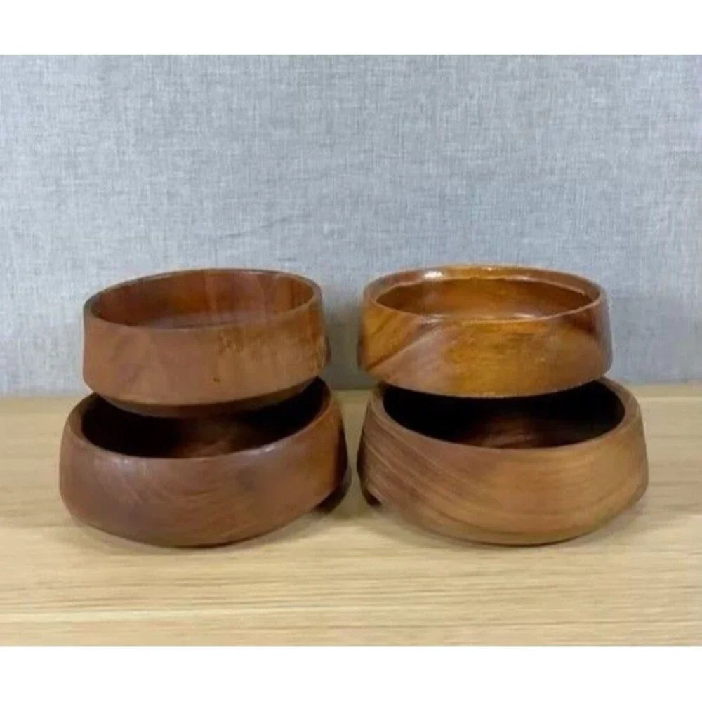 Vtg Dolphin Wood Bowls Set 4 MCM Teakwood Monkey Pod Stacked Rim 5 - 5.5” Small